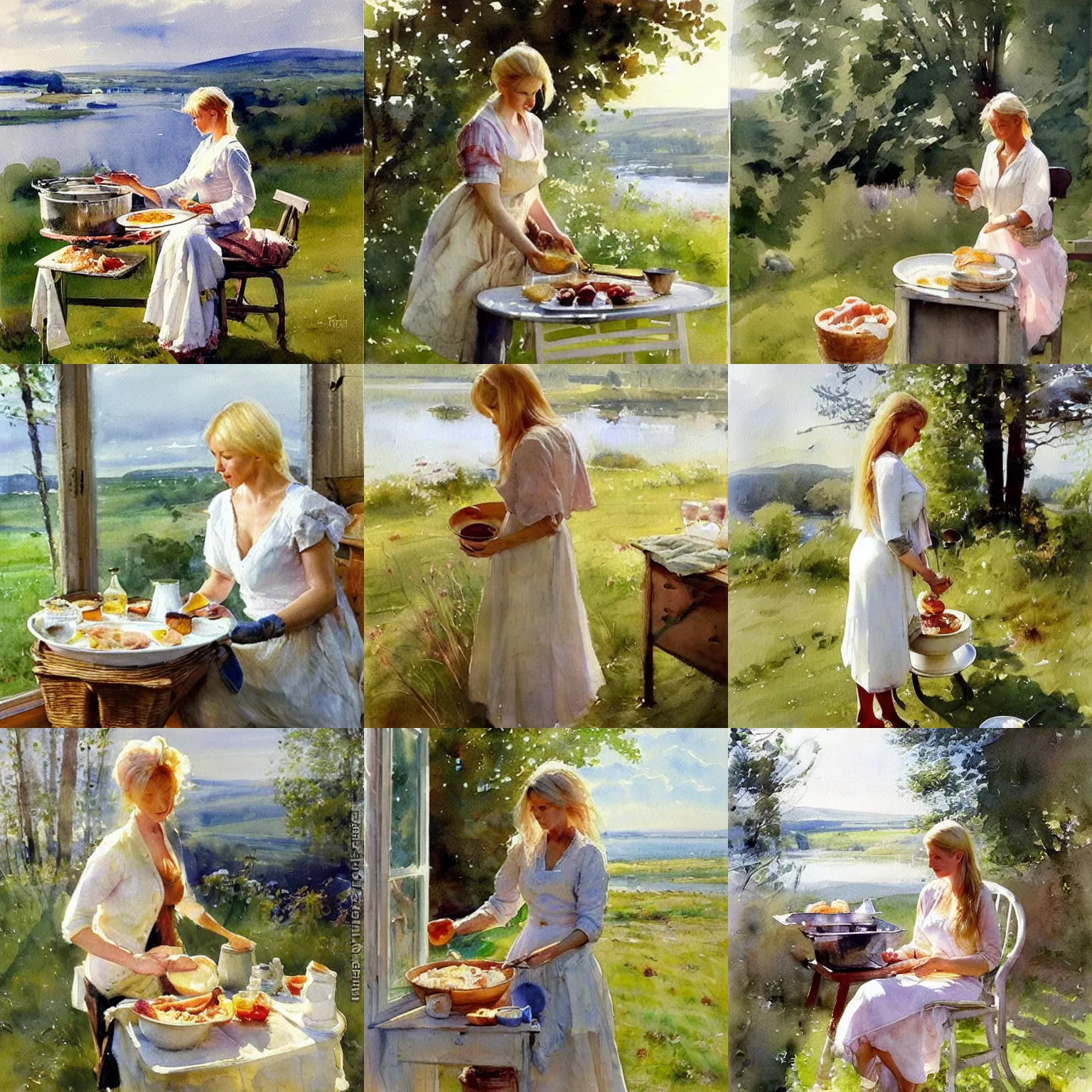 Prompt: hot blonde woman making egg and bacon breakfast, swedish countryside, seaview, morning, calm, watercolor painting by vladimir volegov, anders zorn