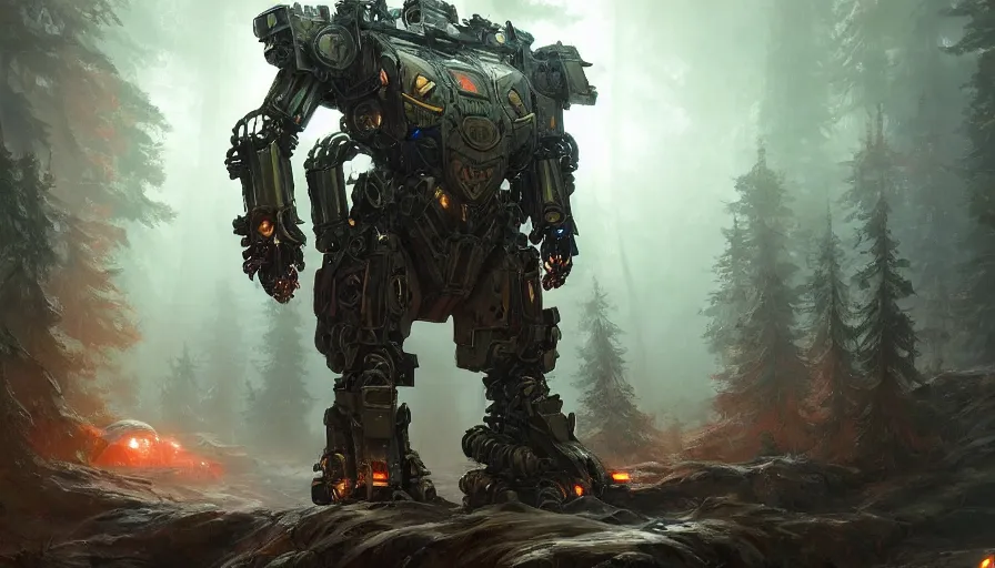 Image similar to military mech covered in armor with elden ring aesthetic, glowing lights, beautiful forests and trees, intricate detail, epic wallpaper, art by darek zabrocki and John Park and Feng Zhu and Jason Chan, trending on artstation, masterpiece.