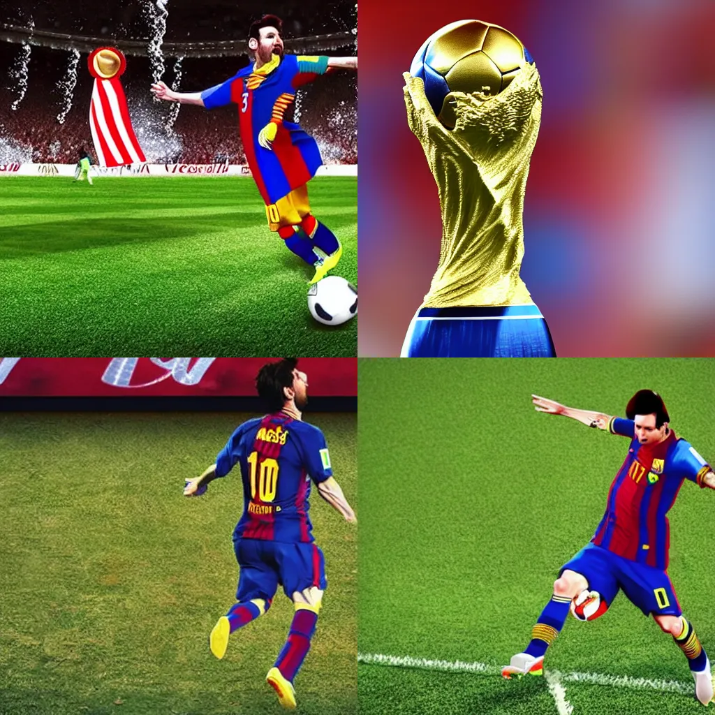 Prompt: a realistic 3d image of Lionel Messi winning the world cup