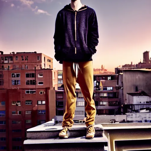 Image similar to un ultra high definition studio quality fashion editorial photographic portrait of a young man standing on the rooftop of an apartment building wearing all eclectic soft clothes. wide angle. three point light. extremely detailed. golden hour, golden ratio, ray tracing, volumetric light, shallow depth of field.