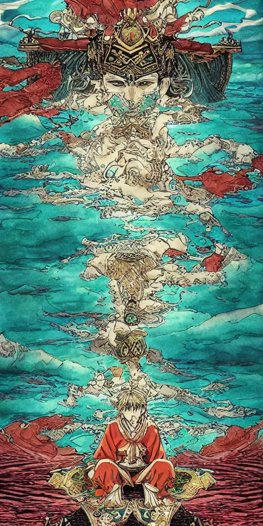 Image similar to a lone emperor sitting on a emerald throne floating on water in the middle of a lake drawn by Makoto Yukimura in the style of Vinland saga anime, full color, detailed, psychedelic, Authority, structure