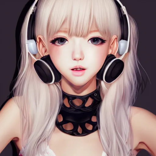 Image similar to realistic teasing detailed semirealism beautiful gorgeous cute Blackpink Lalisa Manoban white hair white cat ears blue eyes, wearing black camisole outfit, headphones, black leather choker full HD 4K high resolution quality WLOP, Aztodio, Taejune Kim, Guweiz, Pixiv, Instagram, Artstation