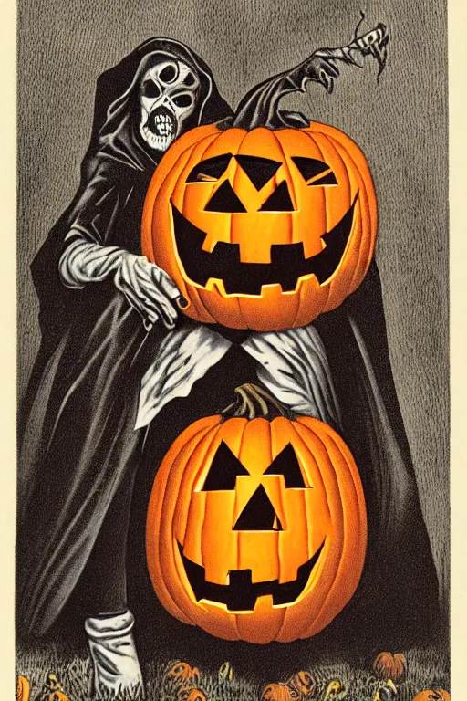 Image similar to a horrific, halloween ghoul, holding a jack - o - lantern, retro, 1 9 8 0 s, by march schoenbach, enzio sciotti