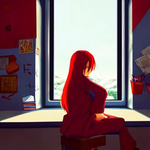 Prompt: in a classroom, anime background, cute girl with long red to blue gradient hair sitting on a window sill at golden hour