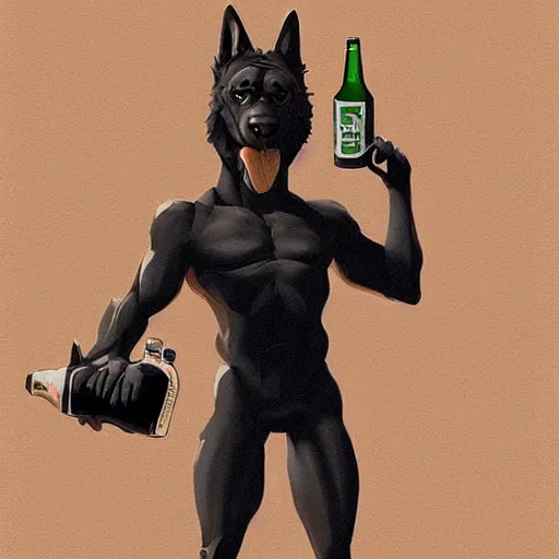 Image similar to a humanoid german shepherd beast - man in soccer style, holding a bottle of beer, artstation, concept art, smooth, sharp foccus ilustration, artstation