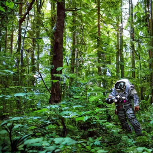 Prompt: an astronaut on an alien planet teeming with vegetation