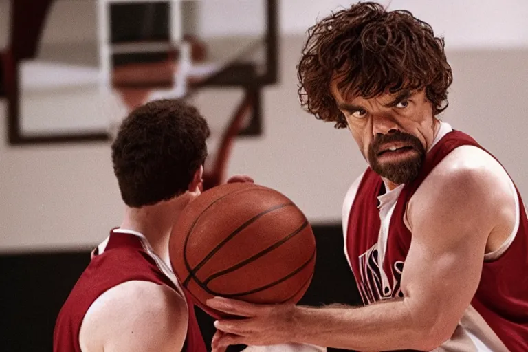 Image similar to peter dinklage playing basketball movie still, from the new slam dunk ernest movie, 8 k, realistic