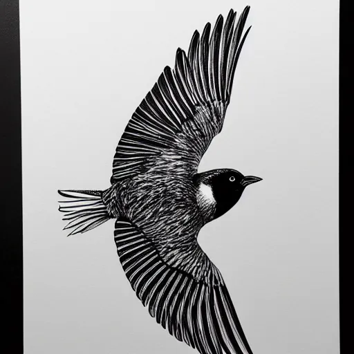 Image similar to bird illustration, Matt adrian, black ink on white paper, high definition 4k