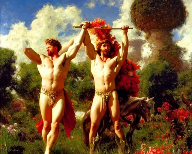 Prompt: hercules and achilles frolic in a meadow of beautiful flowers, large topiary and marble pillars in the background, painting by gaston bussiere, craig mullins, j. c. leyendecker, tom of finland