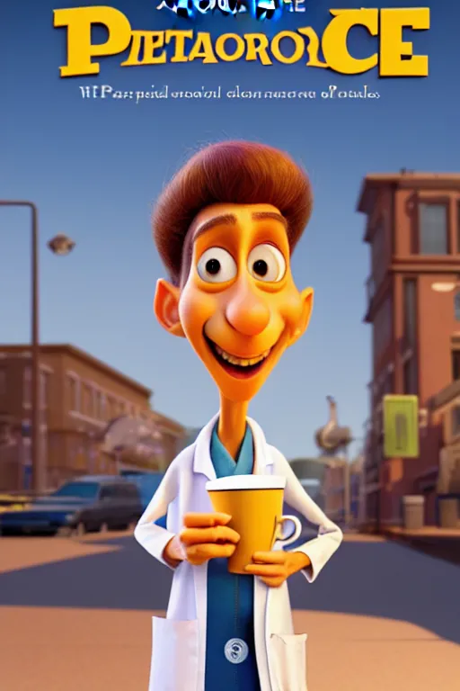 Image similar to portrait of the crazy doctor holding a cup of coffee, hospital in background, full body. pixar disney 4 k 3 d render funny animation movie oscar winning trending on artstation and behance. ratatouille style.