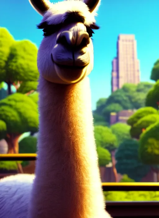 Prompt: a wholesome animation key shot of a llama, close - up, new york zoo in the background, studio ghibli, pixar and disney animation, sharp, rendered in unreal engine 5, anime key art by greg rutkowski, bloom, dramatic lighting