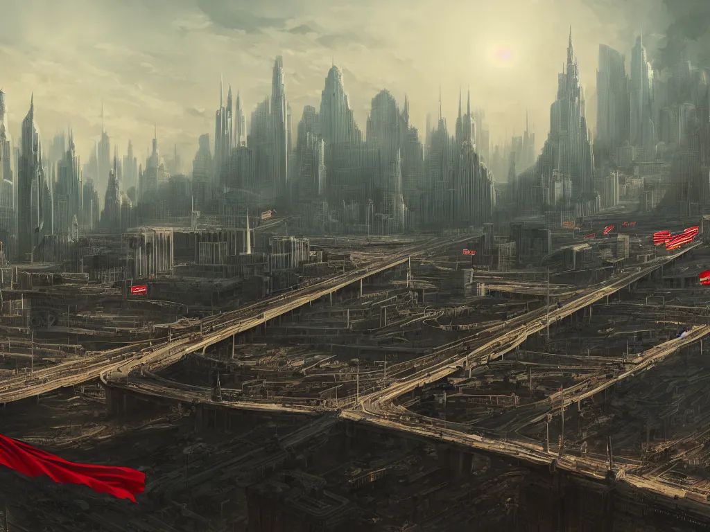 Prompt: landscape matte painting of a communist american state megastructure after the triumph of communism in america, socialist american state flag, socialist statues, digital painting, modern city scape, awe, bright future, hope, highly detailed, 4 k, artstation, photorealistic, architecture, america 2 0 9 8 by fan wennan
