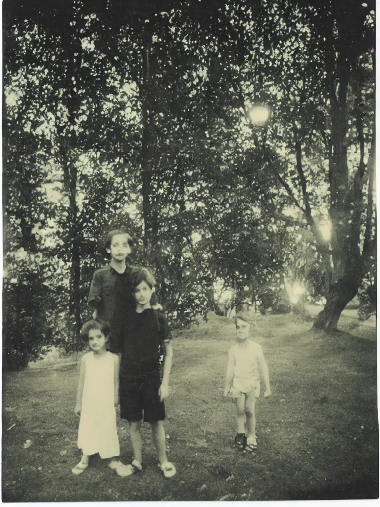 Prompt: a boy and a girl posing for a picture, a strong light behind them, at night, some trees in the background, old polaroid