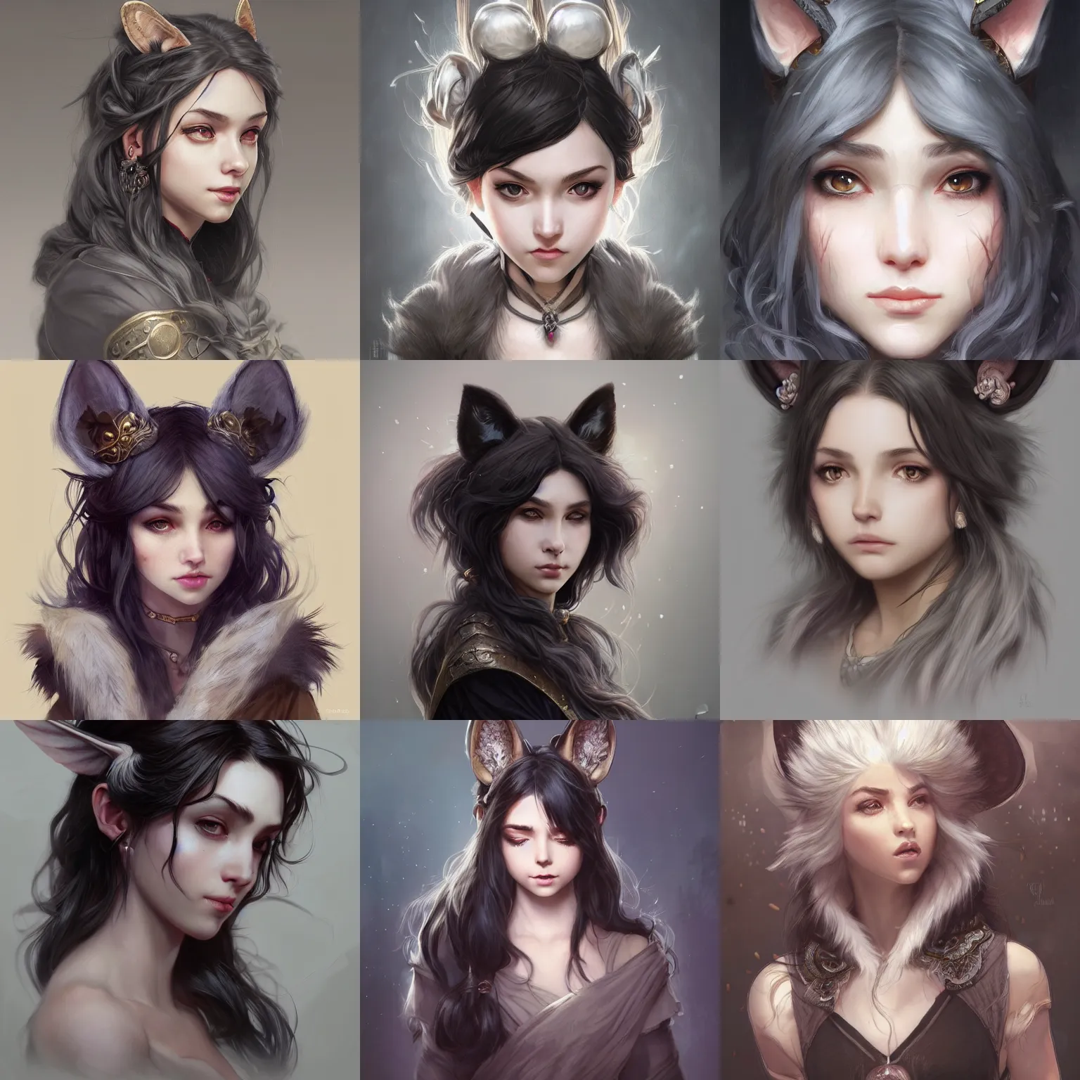 Image similar to 3/4 headshot of young female furry, D&D, cute, fantasy, intricate, long hair, grey skin, mouse ears, black hair, elegant, highly detailed, digital painting, artstation, concept art, smooth, sharp focus, illustration, art by artgerm and greg rutkowski and alphonse mucha