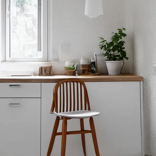 Prompt: chair with danish design in a white kitchen in greece