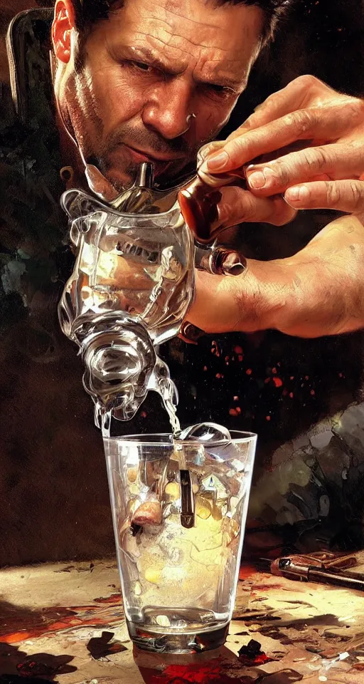 Prompt: close up of bloodied max payne pouring vodka, sun shining, photo realistic illustration by greg rutkowski, thomas kindkade, alphonse mucha, loish, norman rockwell.