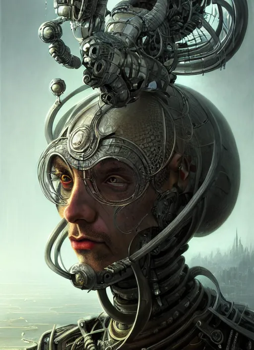 Image similar to closeup portrait shot of a robot wizard in a scenic dystopian environment, intricate, elegant, highly detailed, centered, digital painting, artstation, concept art, smooth, sharp focus, illustration, artgerm, tomasz alen kopera, peter mohrbacher, donato giancola, joseph christian leyendecker, wlop, boris vallejo