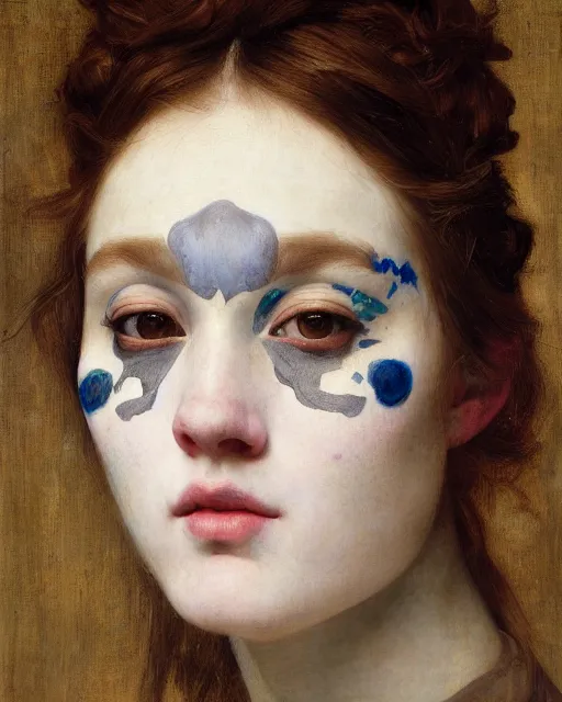 Image similar to a beautiful girl wearing face paint, by edgar maxence and caravaggio and michael whelan, intricate painting, hyper realistic, extremely detailed and beautiful aesthetic face, 8 k resolution