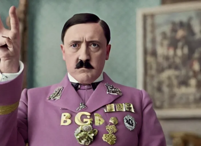 Prompt: a film still of a pompous gay adolf hitler in the grand budapest hotel ( 2 0 1 4 ) )