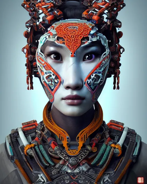 Image similar to portrait of a machine from horizon zero dawn, machine face, upper half portrait, decorated with chinese opera motifs, asian, bian lian, traditional chinese art, intricate, elegant, highly detailed, digital painting, artstation, concept art, smooth, sharp focus, illustration, art by artgerm and greg rutkowski and alphonse mucha, 8 k