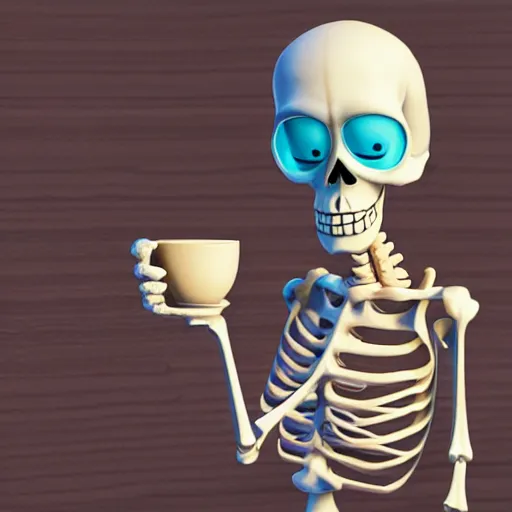 Image similar to 3d render pixar cartoon skeleton drinking a cup of coffee, hd octane render