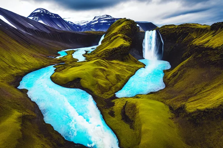 Prompt: drone shot photo of a landscape with mountains, waterfalls, wallpaper, very very wide shot, blue glacier, iceland, new zeeland, green flush moss, national geographic, award landscape photography, professional landscape photography, sunny, day time, beautiful