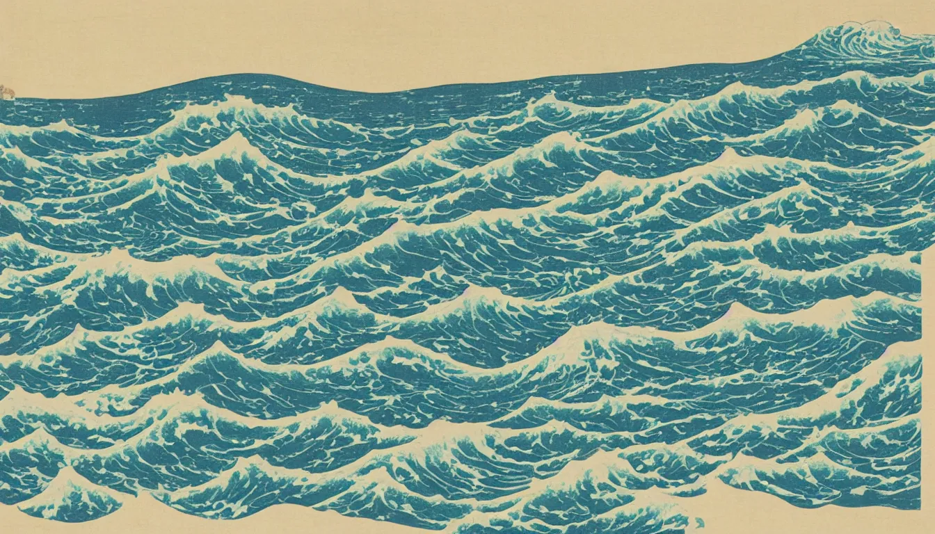 Prompt: ocean swells, japanes woodblock print