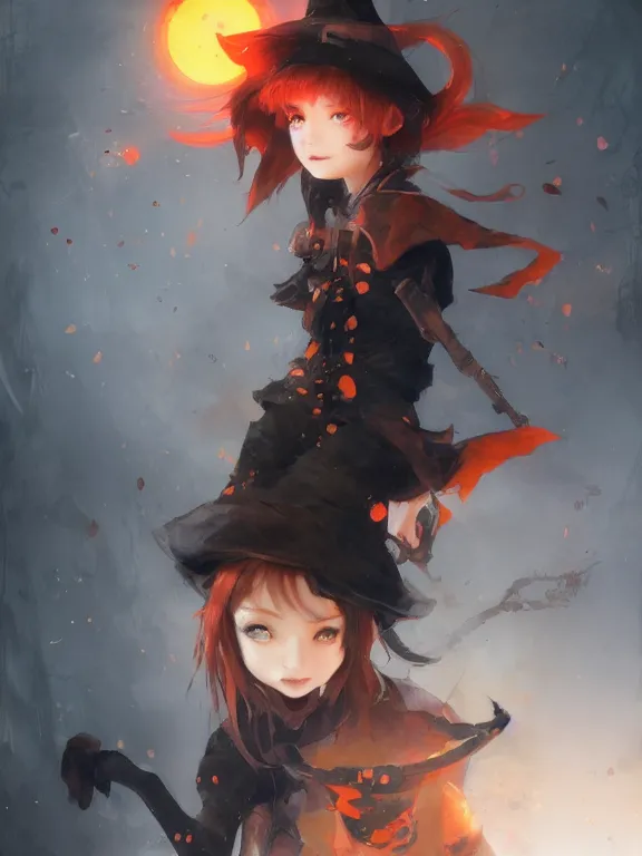 Image similar to Full shot of a cute mischievous young witch about to get up to some trouble. Black and Orange palette. By Ruan Jia and Artgerm and Range Murata and WLOP and CLAMP. Key Art. Fantasy Illustration. award winning, Artstation, intricate details, realistic, Hyperdetailed, 8k resolution.