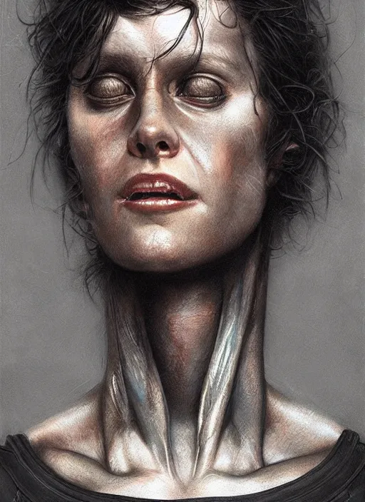 Image similar to a hyper detailed upper body portrait of ellen ripley : : 1 0 beginning a transformation into a xenomorph : : 5, by tom bagshaw, by zdzisław beksinski, trending on artstation