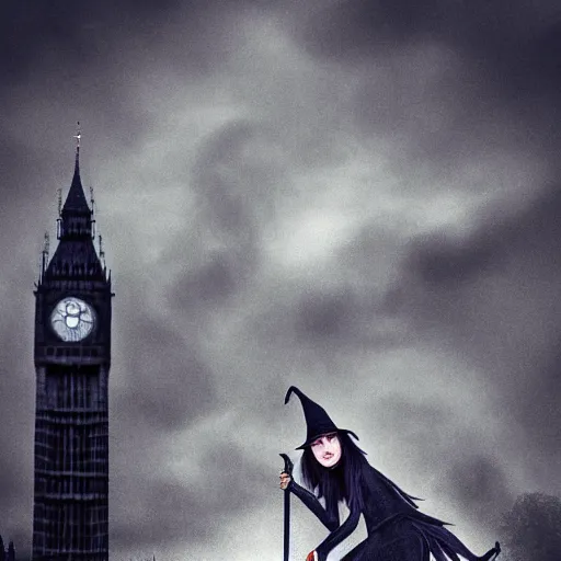 Prompt: A witch wearing a hat sitting on a broom stick and flying,the Big Ben is in background,gloomy lighting,creepy atmosphere,photo , highly detailed , high contrast, beautiful lighting, award winning ,u trending on art station, 8k, photo realistic