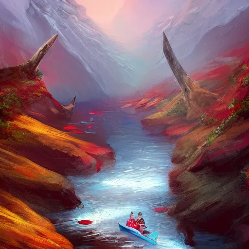 Image similar to a river of blood falls from the top of the fatal mountain, the elves sail along it in canoes, vivid color, highly detailed, mistic, digital painting, artstation, concept art, matte, sharp focus