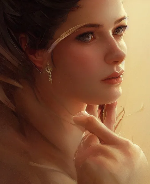 Image similar to portrait close up of woman, concentrated look, symmetry, d & d, fantasy, intricate, elegant, highly detailed, digital painting, artstation, concept art, art by artgerm and greg rutkowski and alphonse mucha, boris vallejo