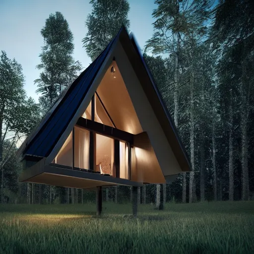 Prompt: minimal modernist a - frame house in the woods, beautiful lighting, volumetric, cinematic lighting, corona render, detailed, symmetrical, minimal, clean