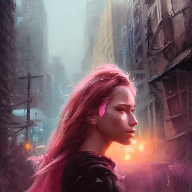 Prompt: epic portrait cinematic shot an beautiful female survivor wearing pink t shirt, shiny skin, wet flowing hair, apocalyptic city backround, cloudy, fine details. night setting. realistic shaded lighting poster by craig mullism, artgerm, jeremy lipkin and michael garmash, unreal engine, radiant light, detailed and intricate environment, digital art, trending on art station,