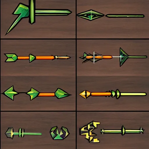 Prompt: [ archery ] [ wooden arrows with steel tip ] [ unity 2 d ] [ spritesheet ] [ video game assets ]