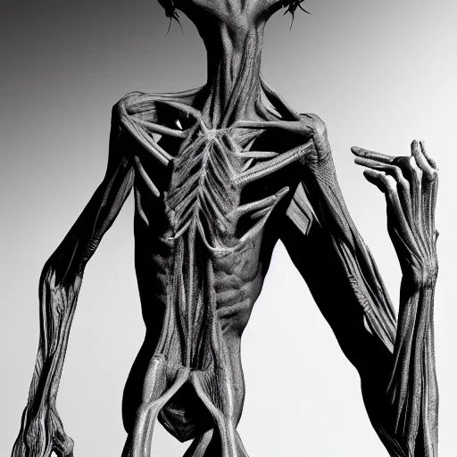 Prompt: photorealistic detailed tall skinny humanoid creature, extremly detailed, black and white, 8 k, realistic, sharp focus, cosmic horror creature, cosmic horror