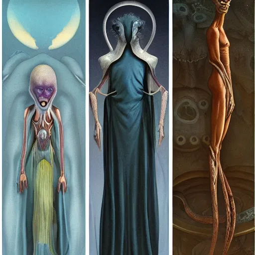 Prompt: facial portrait of tall, long-necked lipless mutant with scaled face and serpent eyes wearing gauze toga and standing in science fiction art deco mosque, alien bestiary by Barlowe, Greg Rutkowski, and Yoshitaka Amano