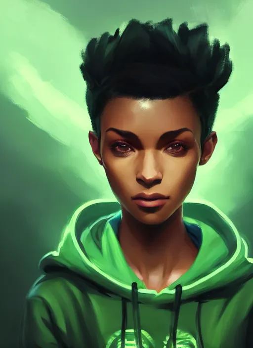 Image similar to photographic portrait of an handsome young black woman with a mohican haircut and green eyes in a back hoodie, atmospheric lighting, elegant, highly detailed, digital painting, artstation, concept art, sharp focus, star wars, illustration, art by makoto shinkai