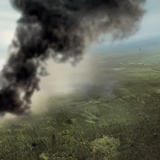 Image similar to still photo of the smoke monster from the television show called lost hovering above a crashed airplane. realistic, highly detailed, 8 k, cinematic