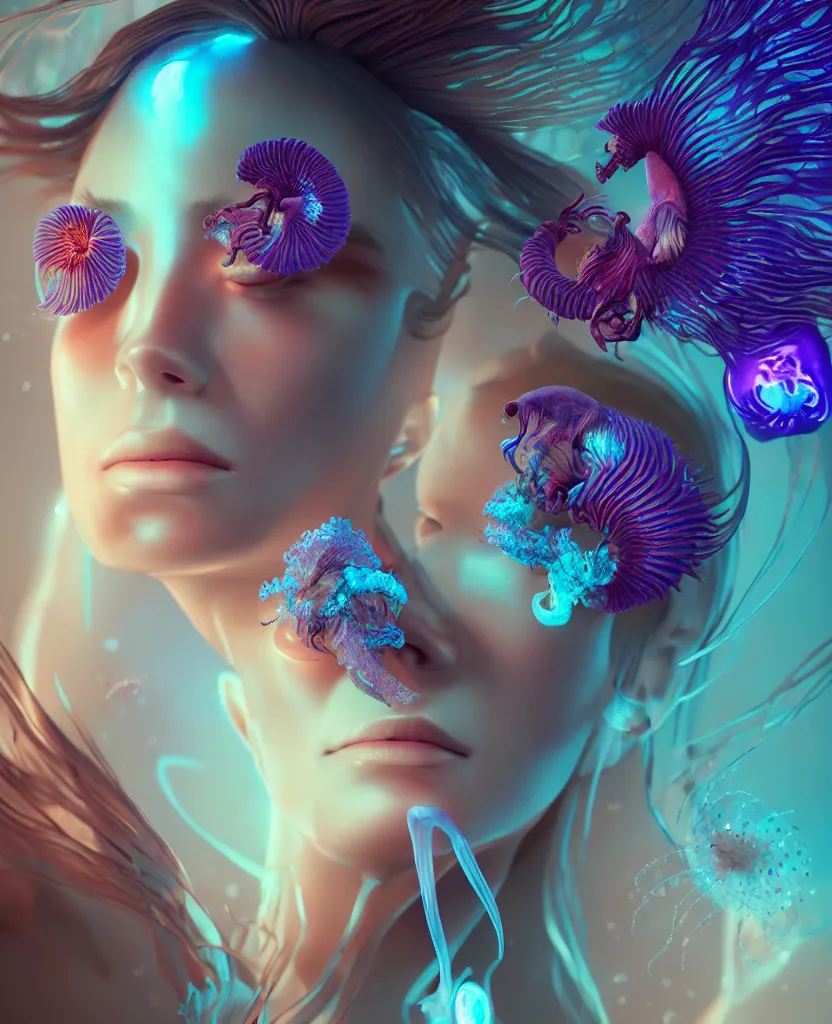 Image similar to goddess close-up portrait. orchid jellyfish phoenix head, nautilus, skull, betta fish, bioluminiscent creatures, intricate artwork by Tooth Wu and wlop and beeple. octane render, trending on artstation, greg rutkowski very coherent symmetrical artwork. cinematic, hyper realism, high detail, octane render, 8k