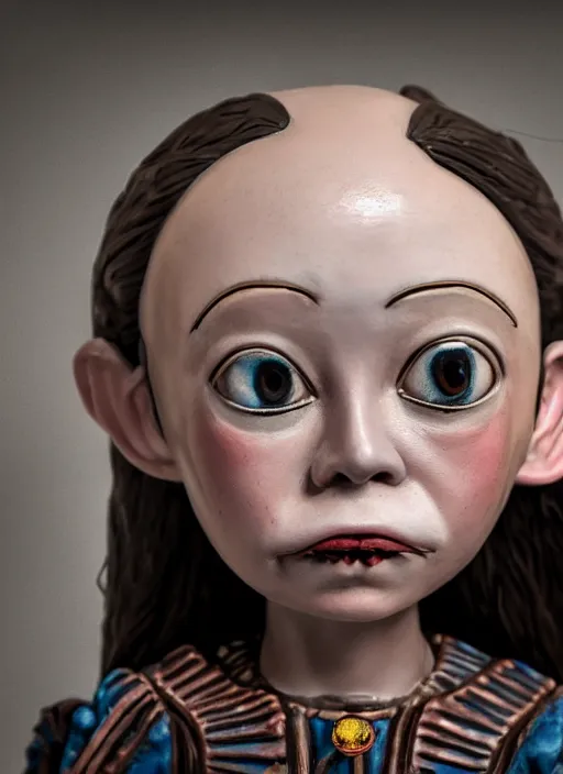 Prompt: closeup face profile portrait of tin toy greta thunberg as nosferatu, bikini, depth of field, zeiss lens, detailed, symmetrical, centered, fashion photoshoot, by nicoletta ceccoli, mark ryden, lostfish, breathtaking, 8 k resolution, extremely detailed, beautiful, establishing shot, artistic, hyperrealistic, octane render