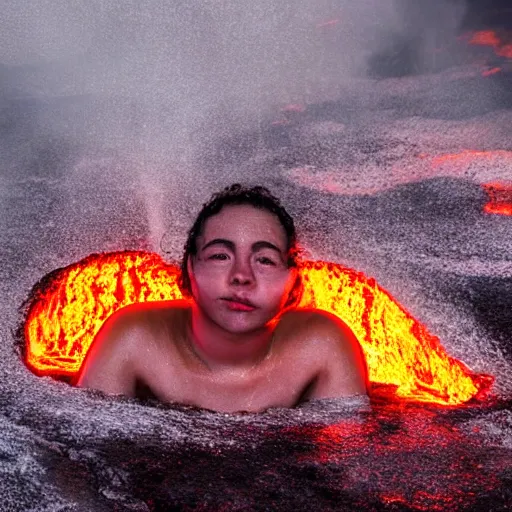 Prompt: a person bathing in lava, portrait photograph