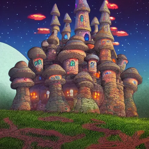 Image similar to highly detailed illustration of a mushroom castle at night, studio ghibli, ultra realistic, 4 k resolution, artstation