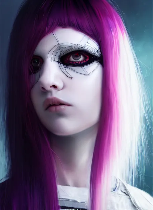 Image similar to whitebangs, black hair, black cyberlox, portrait of normal teenage girl, normal face, white bangs, fluffy bangs, cyberlox, whitebangs, red contact lenses, purple background, intricate, elegant, highly detailed, digital painting, artstation, concept art, sharp focus, smooth, illustration, art by wlop, mars ravelo and greg rutkowski