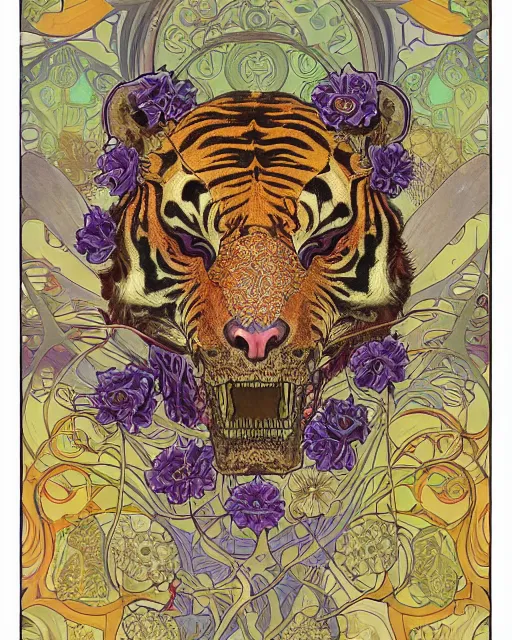 Prompt: Tiger skull art surrounded by varities of flowers, cell shading, voronoi, fibonacci sequence, sacred geometry by Alphonse Mucha, Moebius, hiroshi yoshida, Art Nouveau, colorful, ultradetailed, vivid colour, 3d