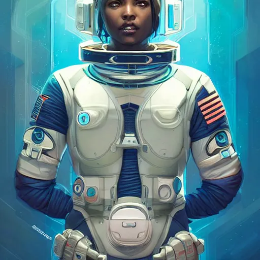 Image similar to symmetry! futuristic armed astronaut, apex legends, illustration, highly detailed, art by artgerm and greg rutkowski and alphonse mucha