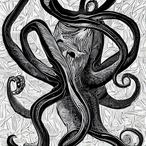 Prompt: a cross between a cat and an octopus, realistic, detailed, black and white illustration