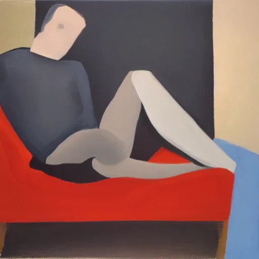 Image similar to a minimalist abstract painting of a charming man reclined on a sofa. 1991. Oil on Panel