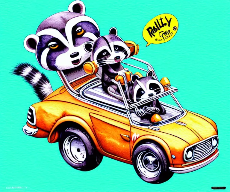 Prompt: cute and funny, baby racoon wearing a helmet riding in a tiny hot rod with oversized engine, ratfink style by ed roth, centered award winning watercolor pen illustration, isometric illustration by chihiro iwasaki, edited by range murata, tiny details by artgerm and watercolor girl, symmetrically isometrically centered