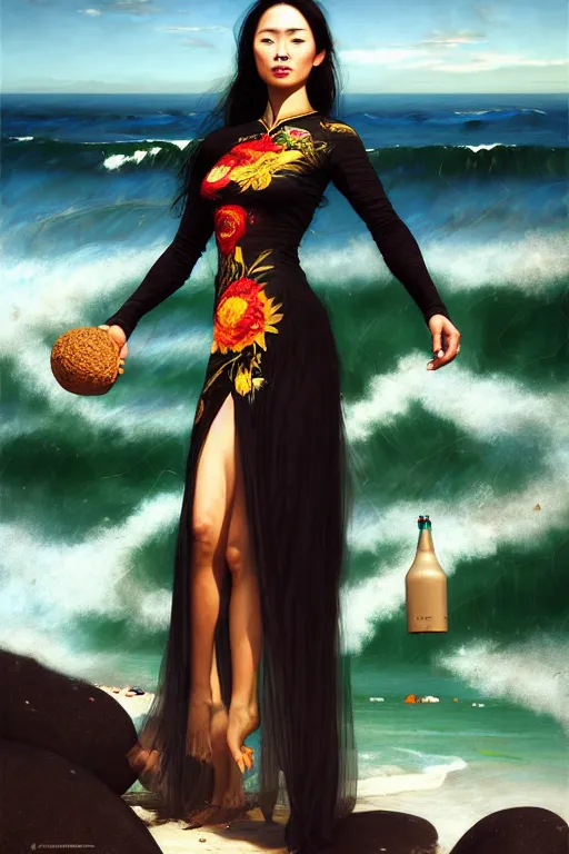 Image similar to photorealistic portrait of a dark mystical goddess wearing a qipao dress, ao dai, big sun rough sea and jagged rocks, nets, plastic bottles, garbage, sand and sea, golden hour, environmental, fantasy, atmospheric, hyper realistic, artstation, art by artgerm, andres rodriguez and john william waterhouse